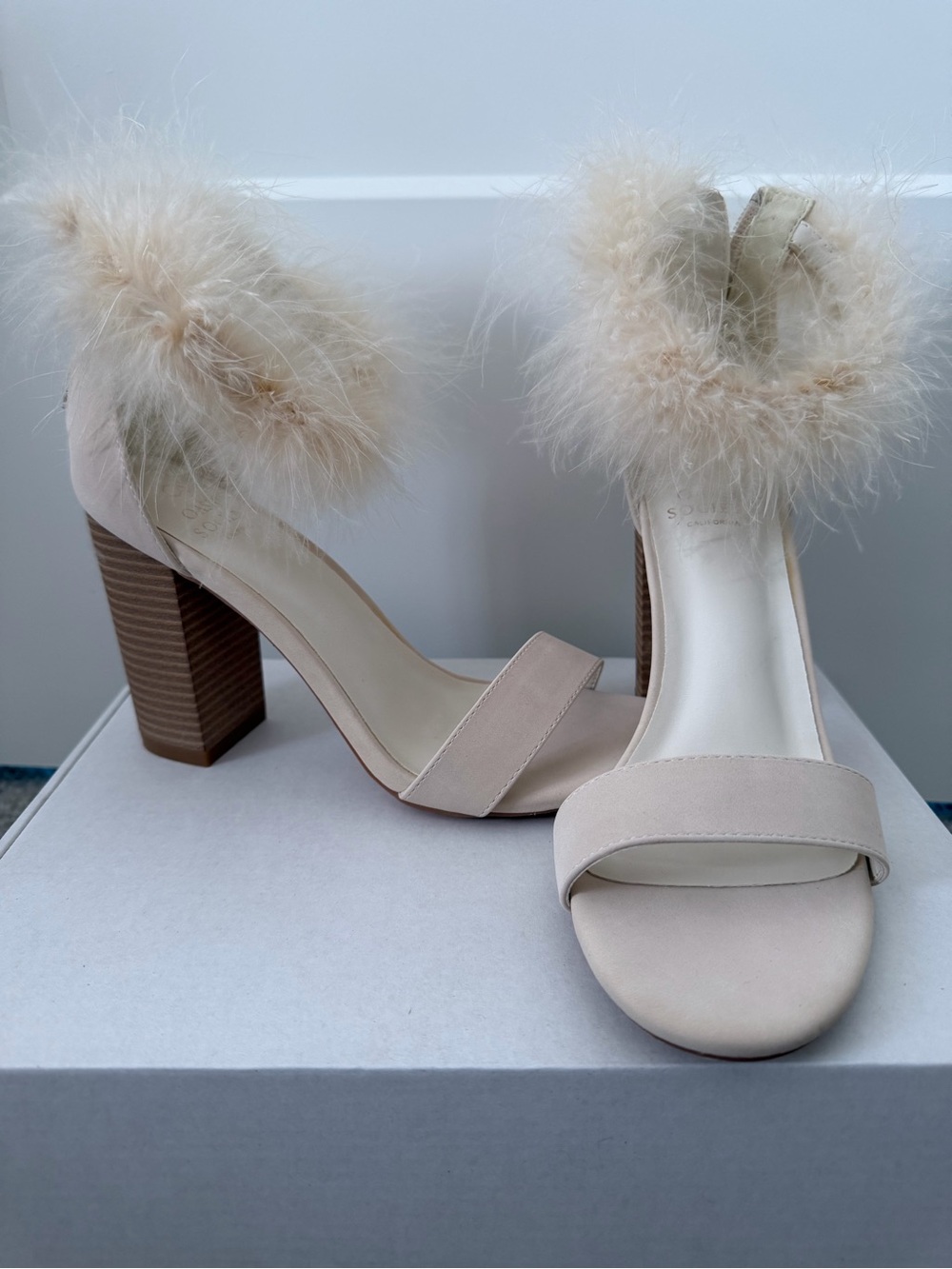 Faux Fur Ankle-Strap Block Heel Sandals in Cream
